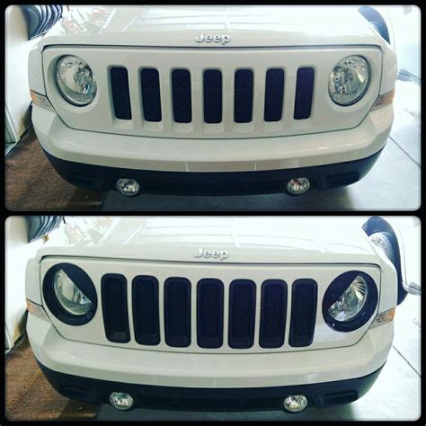 the front and side view of a white jeep with black grill grilles ...