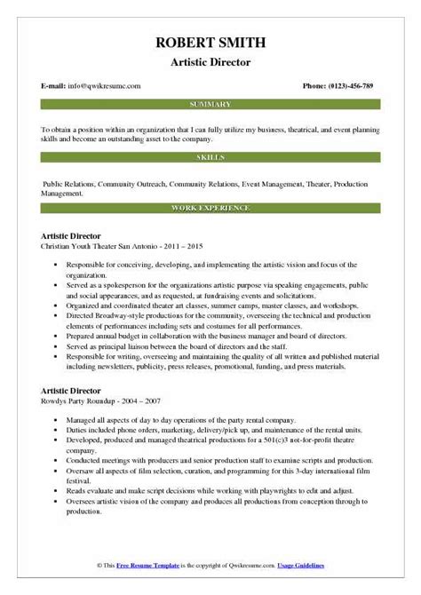 Artistic Director Resume Samples | QwikResume