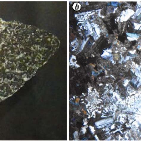 Norite hand specimen (a) and photomicrograph (b) showing the ophitic... | Download Scientific ...