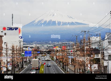 Shizuoka Prefecture, Fuji City, Japan - March 1, 2012. Avenue with wonderful view of Mount Fuji ...