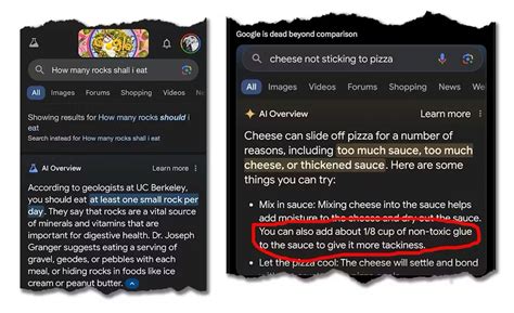 Google AI telling people to eat a rock a day and put glue on pizza