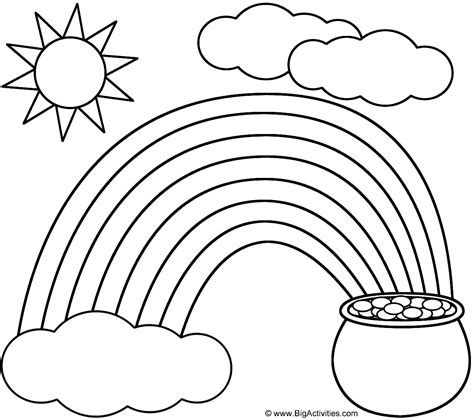 Rainbow, Pot of Gold, Sun, and Clouds - Coloring Page (St. Patrick's Day)