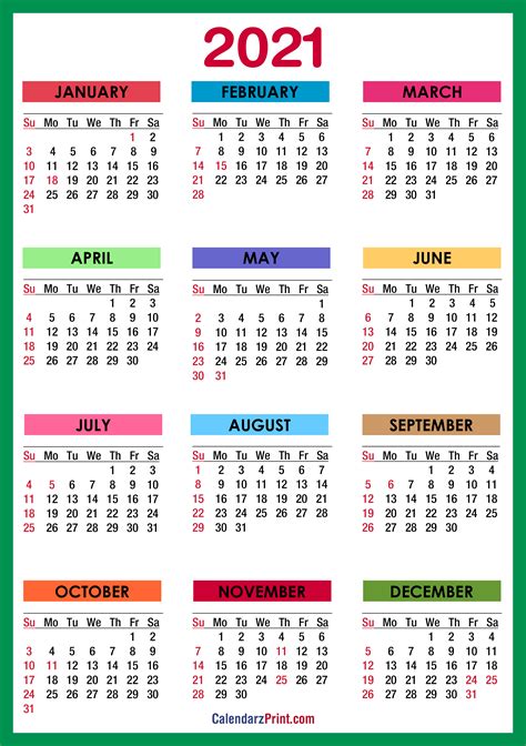 2021 Calendar with Holidays, Printable Free, Colorful, Blue, Green – Sunday Start ...