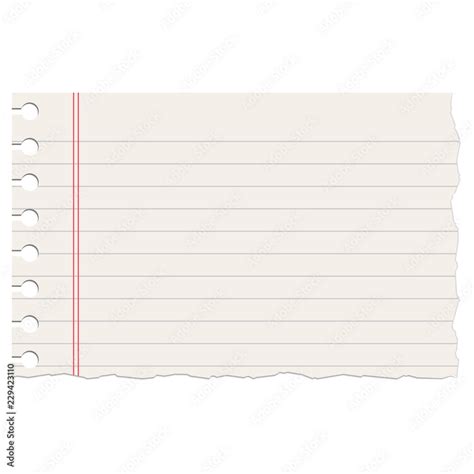 Realistic ruled notebook ripped empty sheet. Torn notebook school paper sheet with red and grey ...