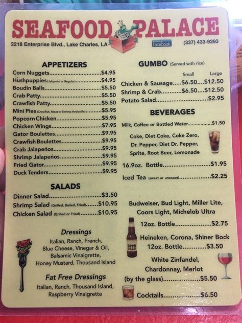 Menu at Seafood Palace restaurant, Lake Charles, Enterprise Blvd