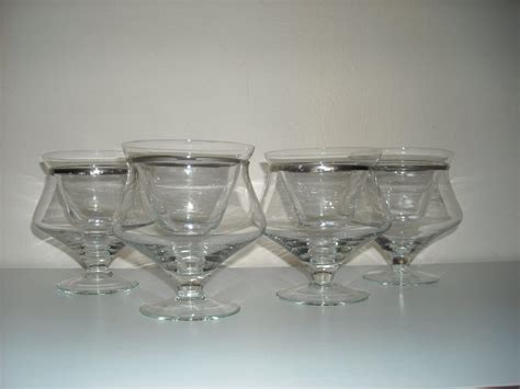 4 Silver Rim Shrimp Cocktail Glasses with Inserts Mid Century