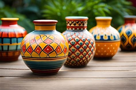 Premium AI Image | colorful ceramic pots on a wooden table with a green ...