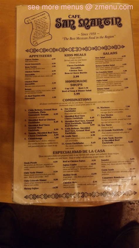 Menu at Cafe San Martin, Lompoc