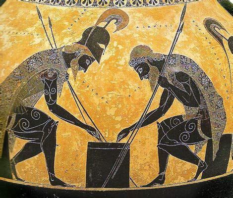 Achilles and Aias playing dice together on a Black-Figure pot. | Greek ...