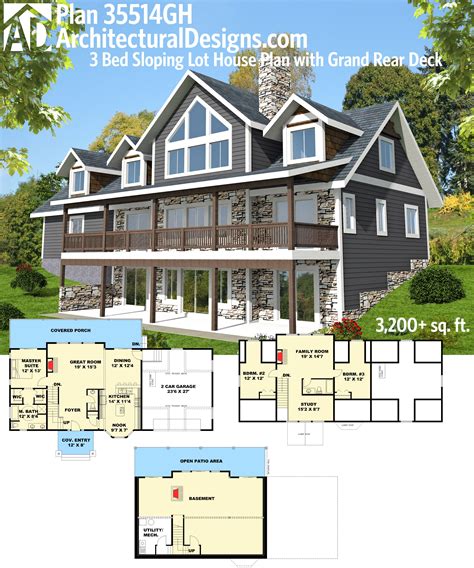 Plan 35514GH: 3 Bed Sloping Lot House Plan with Grand Rear Deck | Craftsman house plans, Sloping ...