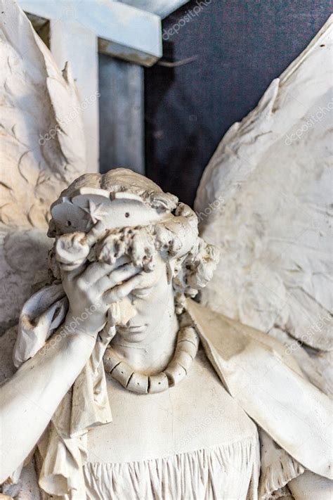 Dusted Statue Crying Angel Holding His Head While Tears Flowing — Stock ...