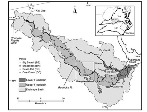 Map of the lower Roanoke River basin, North Carolina. Also shown are... | Download Scientific ...