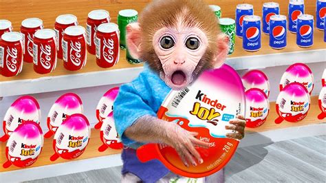 Monkey Baby Bi Bon goes to the toilet and shopping in Kinder Joy eggs store | Funny Animals ...