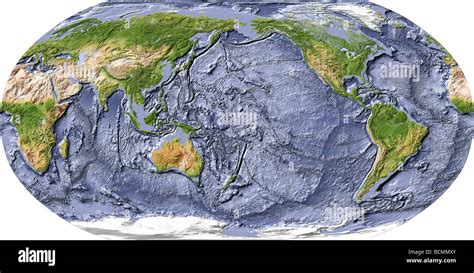 World map, shaded relief with shaded ocean floor, centered on the ...