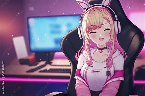 Cute anime girl gamer streamer happy. Generative AI Stock Illustration | Adobe Stock