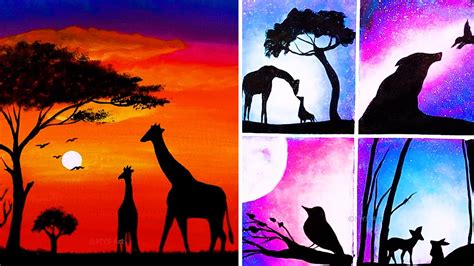 5 Easy Animals Silhouette Painting Ideas for Beginners in 6 Minutes | Acrylic Painting ...