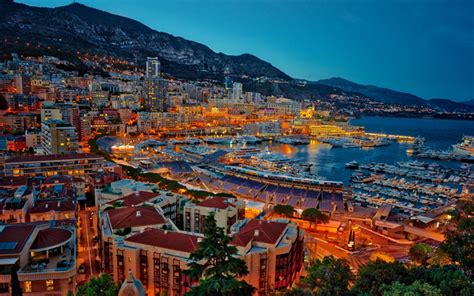 Download wallpapers Monte Carlo, evening, sunset, city lights, Monaco, bay, yachts ...