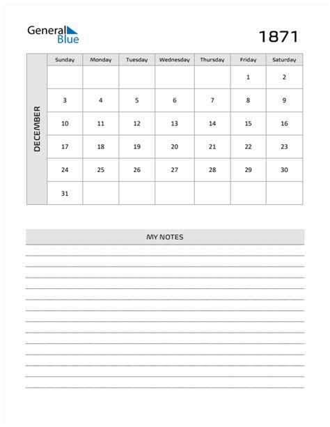 December 1871 Printable Monthly Calendar with Notes