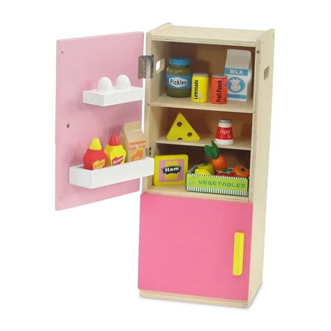 18 Inch Doll Wooden Doll Refrigerator with Freezer, Includes 20 Colorful Wooden Food Accessories ...