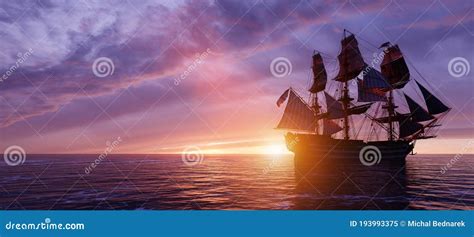 Pirate Ship Sailing on the Ocean at Sunset Stock Image - Image of ...