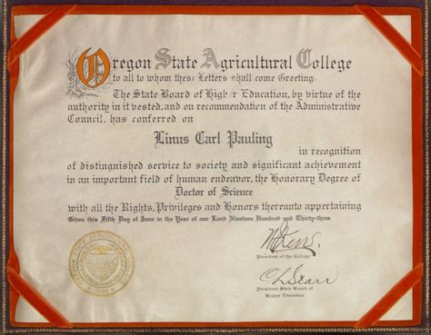 Oregon State College, Diploma, Honorary Doctor of Science. June 5, 1933 ...