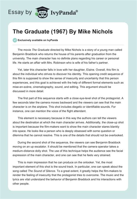 "The Graduate" (1967) By Mike Nichols - 550 Words | Movie Review Example