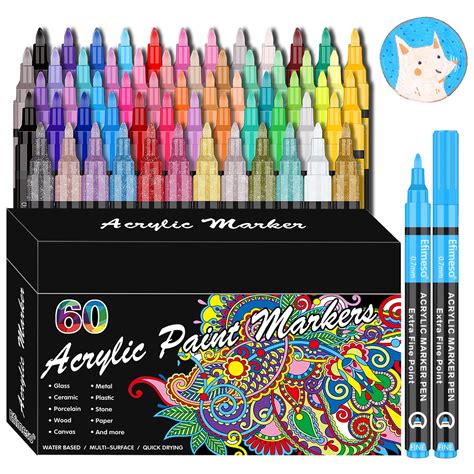 60-Color Acrylic Paint Pens Set, 0.77MM Fine Tip, for Rocks, Craft, Ceramic, Glass, Wood, Fabric ...