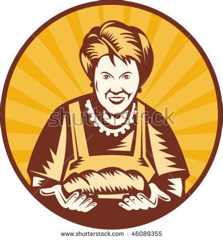 vector illustration of an old woman presenting a freshly baked loaf of bread set inside a circle ...