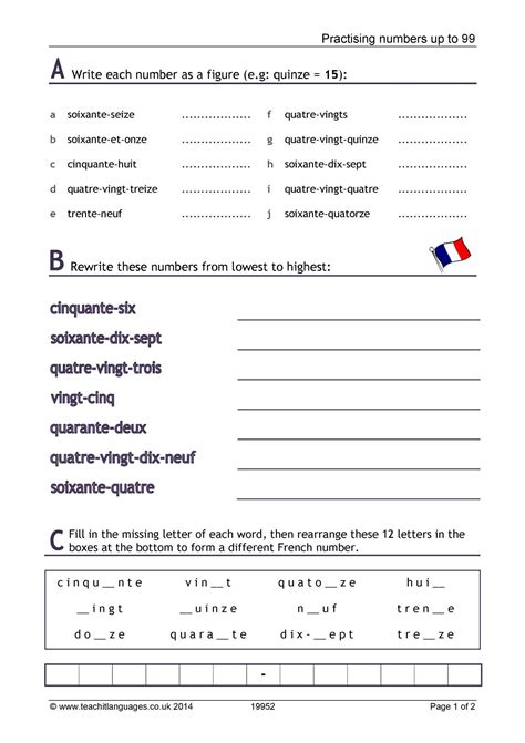 Worksheet | Numbers 1-99 | KS3 French teaching resource | Teachit