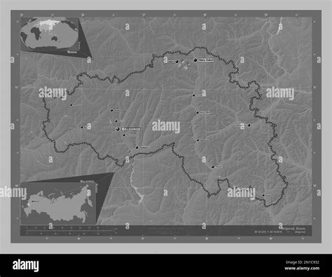 Belgorod, region of Russia. Grayscale elevation map with lakes and ...