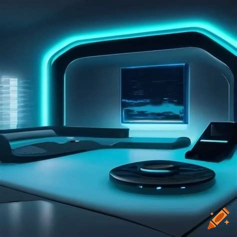 Futuristic living room with high-tech computer running a game on Craiyon