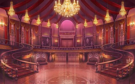 an artistic rendering of a grand hall with chandelier and stairs