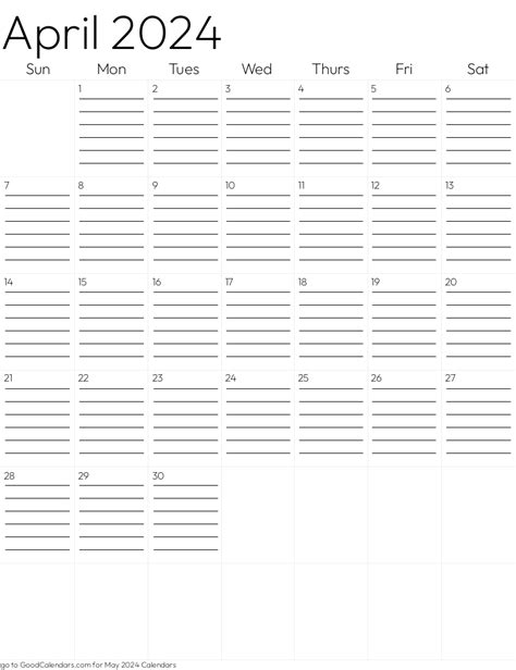 Lined April 2024 Calendar Template in Portrait