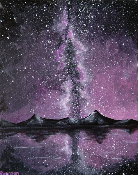 Galaxy Painting Mountain Artwork, Purple Galaxy Art, Night Sky Original ...