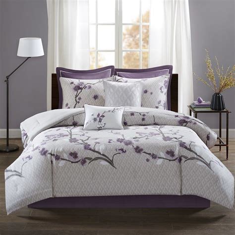 8pc Purple & Grey Floral Cotton Comforter Set AND Decorative Pillows ...