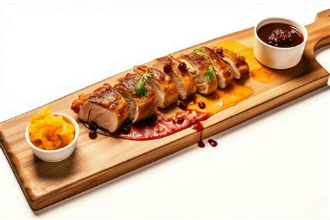 Pork belly braaivleis with mango and chili sauce served on a wooden plank. Restaurant food ...