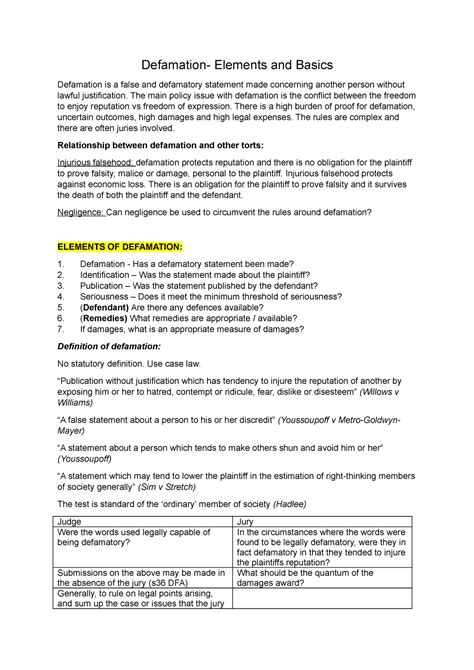 Defamation Notes on Basics and Elements - Defamation- Elements and Basics Defamation is a false ...