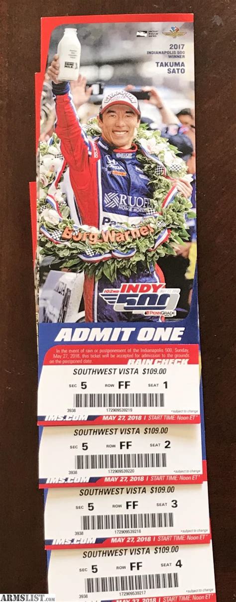 ARMSLIST - For Sale/Trade: 4 Indy 500 Tickets