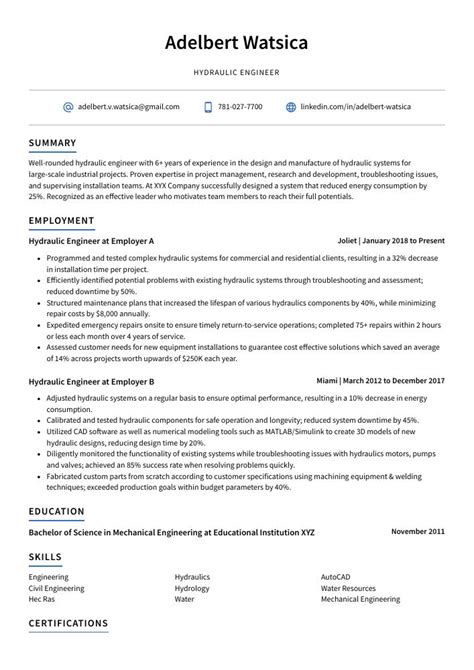 Hydraulic Engineer Resume (CV) Example and Writing Guide