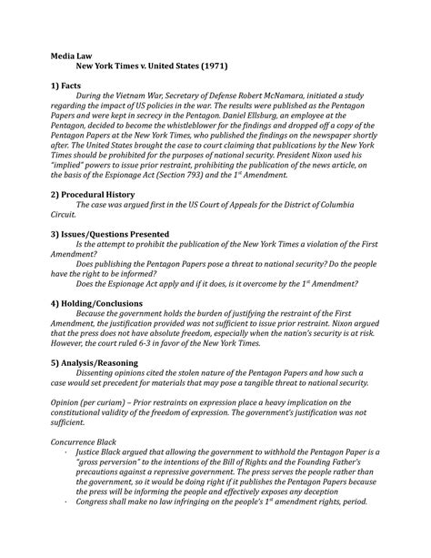 (Case Brief) New York Times v. United States - Media Law New York Times v. United States (1971 ...