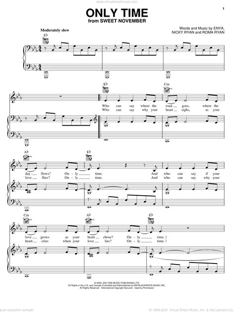 Enya - Only Time sheet music for voice, piano or guitar [PDF]