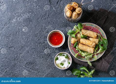 Fried Spring Rolls with Sauce Stock Image - Image of dish, black: 91801239