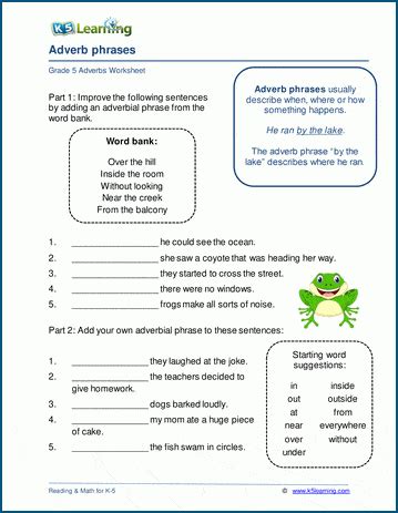 Adverb phrases worksheets | K5 Learning