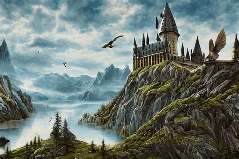 Paisaje del castillo de Hogwarts con lago y búho nival volando · Creative Fabrica