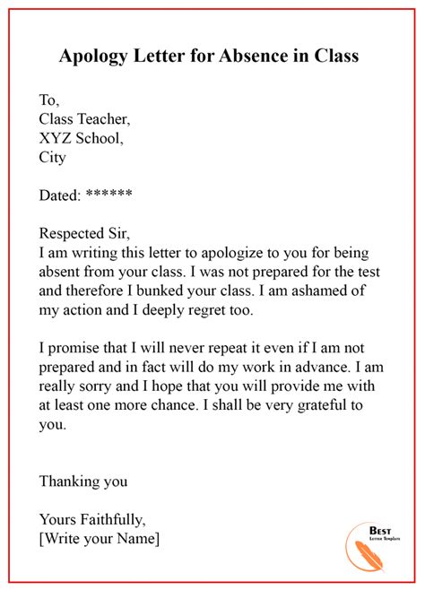 Apology Letter Template for Absence – Format, Sample & Example | Best ...