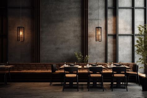 Premium AI Image | an modern interior restaurant full of grey furniture and black tables in ...