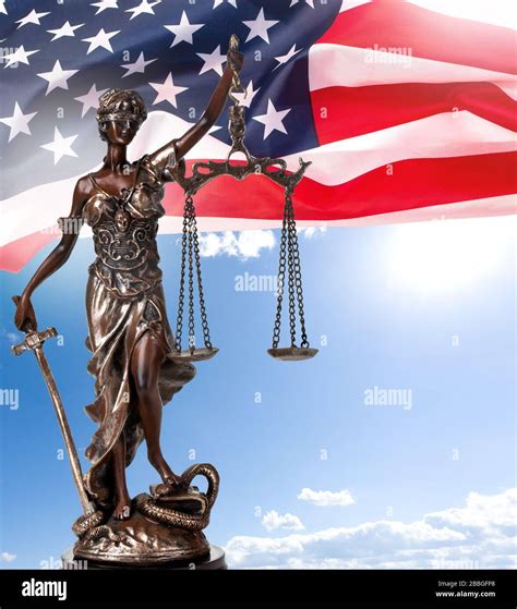 Law and Justice in United States of America, statue of Lady Justice with USA flag Stock Photo ...