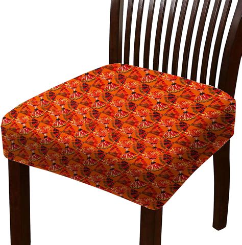 HOTKEI Pack of 6 Orange Printed Dining Chair Seat Cover Elastic Magic ...