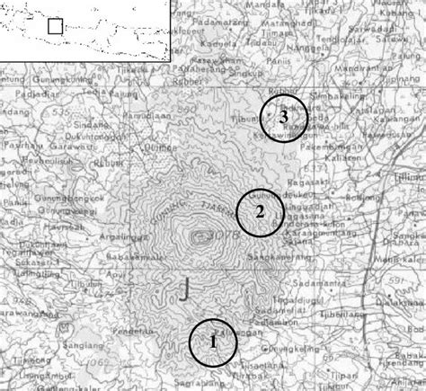 Map showing position of the study sites of (1) Palutungan, (2)... | Download Scientific Diagram