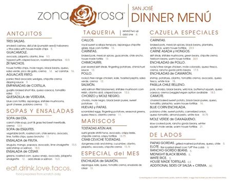 Menu at Zona Rosa restaurant, Los Gatos